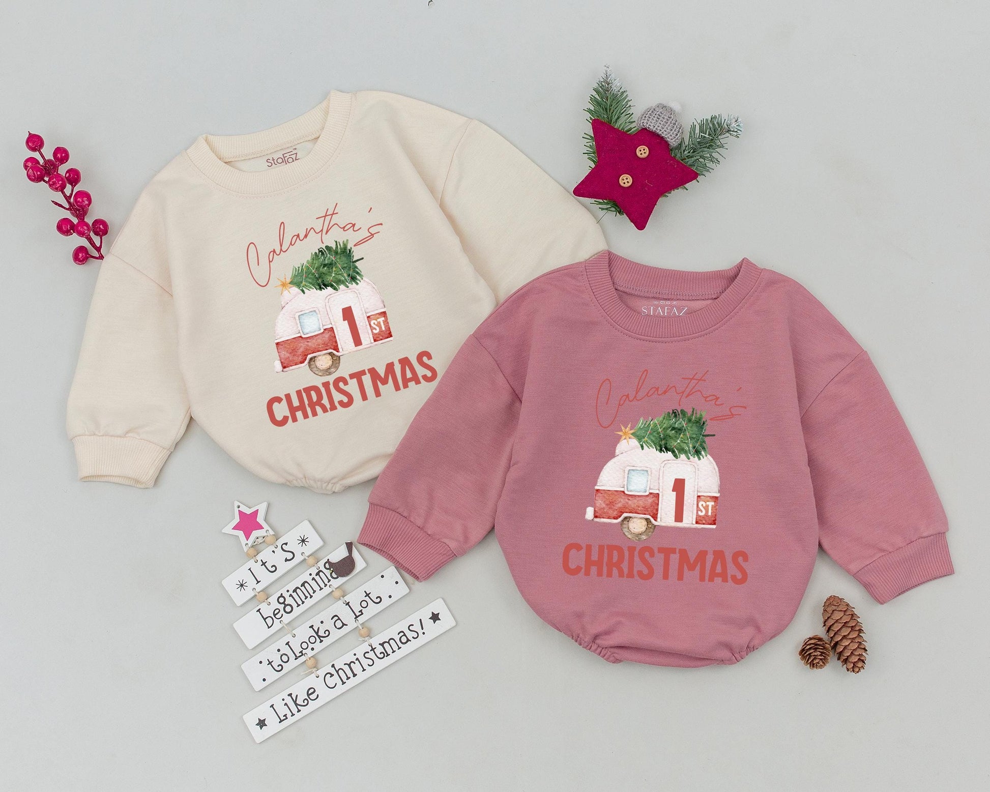 Custom Name Baby Romper: Vintage Santa Christmas Outfit, 1st Xmas