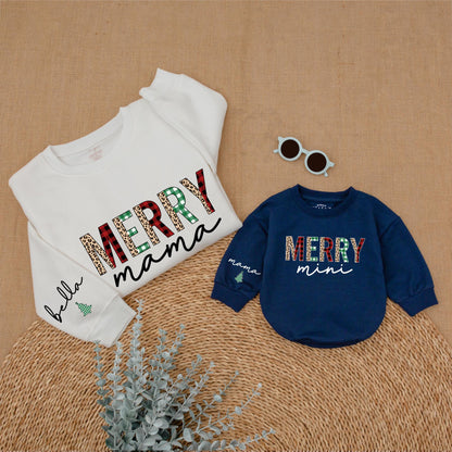 Merry Mama & Mini Christmas Sweatshirt Set Plaid Leopard Festive Matching Outfit Bella Romper Holiday Mommy and Me Family Outfit,Christmas Gift 138