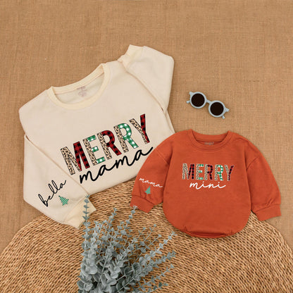Merry Mama & Mini Christmas Sweatshirt Set Plaid Leopard Festive Matching Outfit Bella Romper Holiday Mommy and Me Family Outfit,Christmas Gift 138