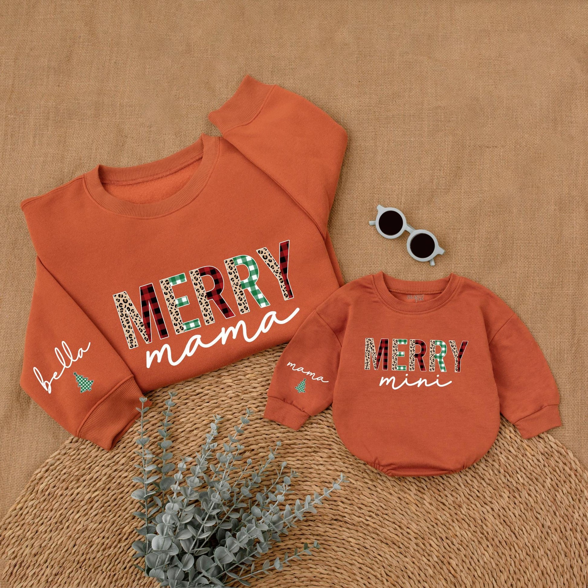 Merry Mama & Mini Christmas Sweatshirt Set Plaid Leopard Festive Matching Outfit Bella Romper Holiday Mommy and Me Family Outfit,Christmas Gift 138