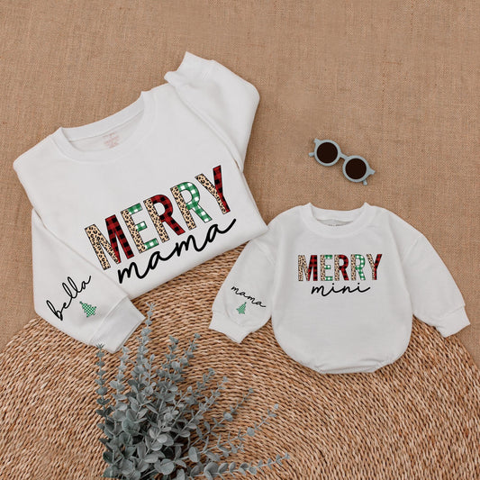 Merry Mama & Mini Christmas Sweatshirt Set Plaid Leopard Festive Matching Outfit Bella Romper Holiday Mommy and Me Family Outfit,Christmas Gift 138
