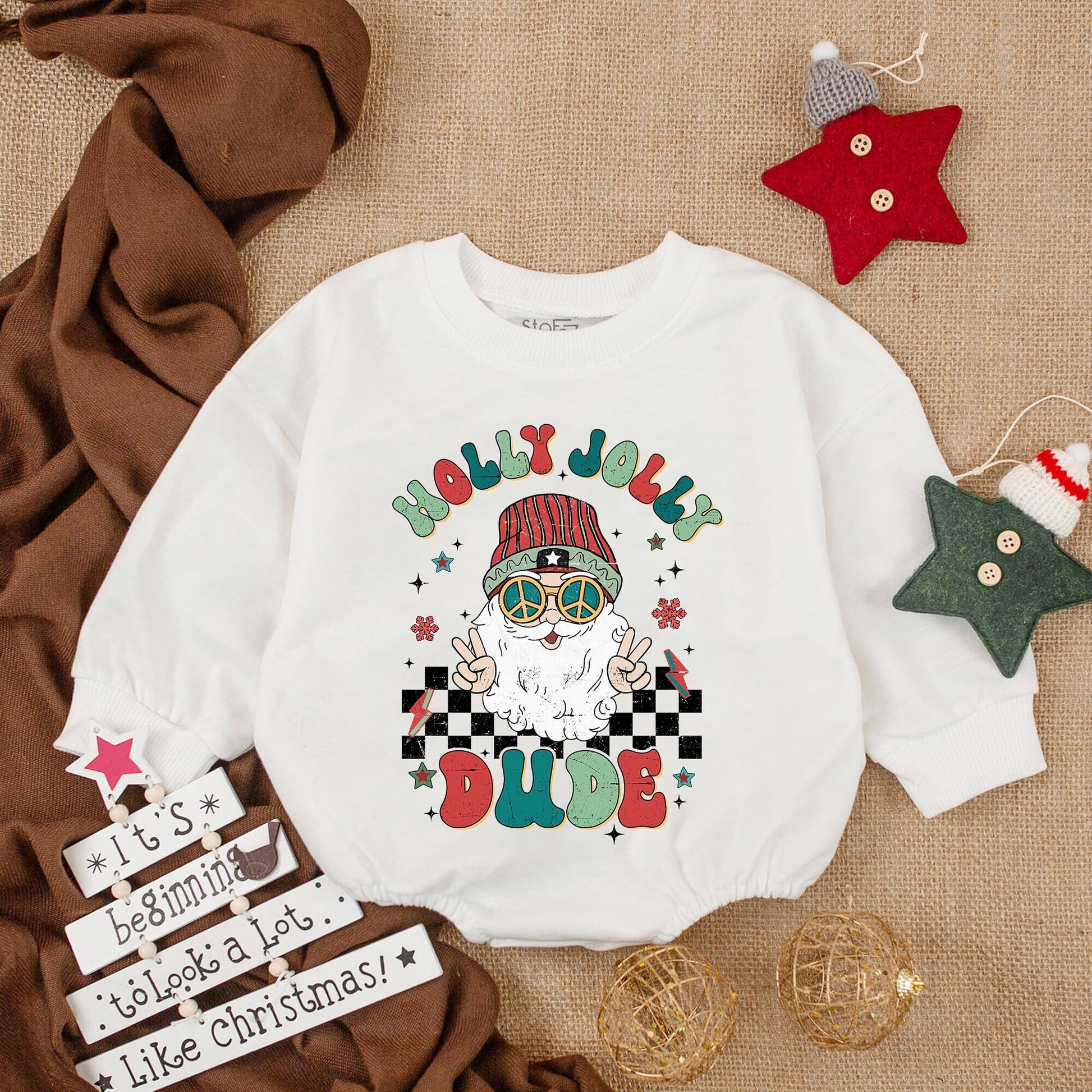 Holly Jolly Dude Baby Romper with Retro Santa Peace Sign Sunglasses, Baby Announcement Outfit, Funny Baby Gift, New Baby Girl Clothes