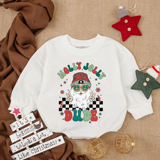 Holly Jolly Dude Baby Romper with Retro Santa Peace Sign Sunglasses, Baby Announcement Outfit, Funny Baby Gift, New Baby Girl Clothes