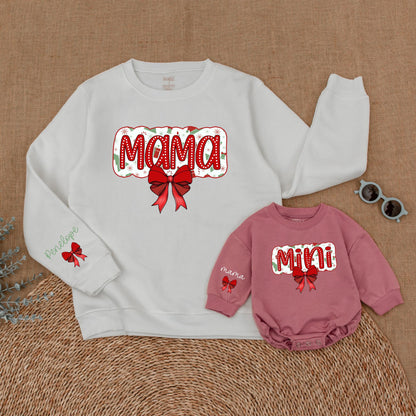 Matching Mama & Mini Christmas Sweatshirt Outfit, Red Bow Design, Baby Girl Romper Set, Holiday Family Pajamas, Festive Fun!