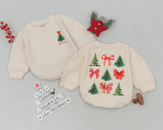 Sweet Custom Name Baby Romper First Christmas Outfit with Girly Bow Newborn Bodysuit Vintage Christmas Baby Shower Gift Infant Clothes Bubble