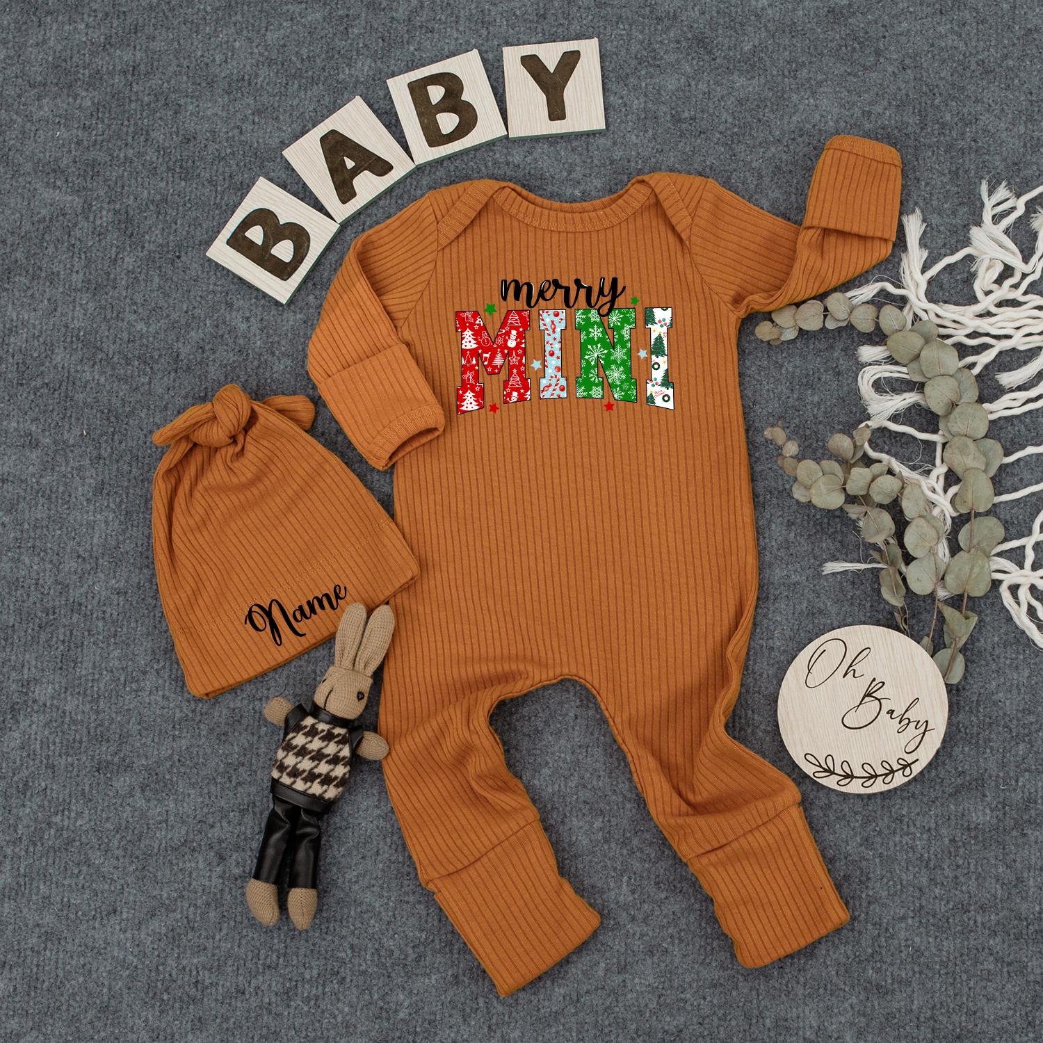 Personalized Merry Mini Christmas Baby Bodysuit Festive Holiday Outfit Green Red Snowman Ornament Pattern Newborn Romper Gift
