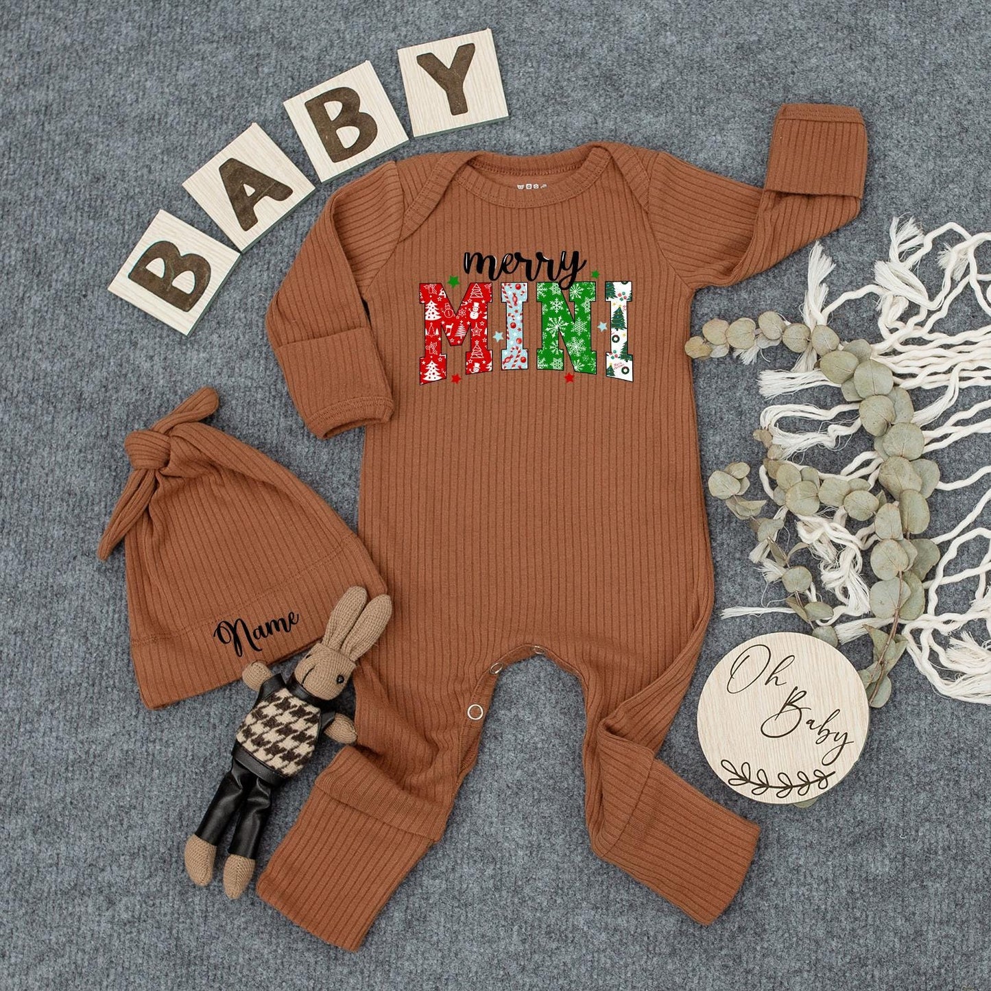 Personalized Merry Mini Christmas Baby Bodysuit Festive Holiday Outfit Green Red Snowman Ornament Pattern Newborn Romper Gift