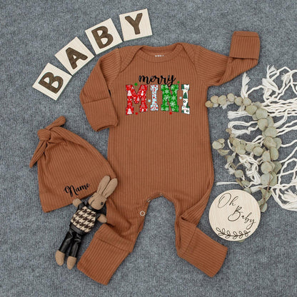 Personalized Merry Mini Christmas Baby Bodysuit Festive Holiday Outfit Green Red Snowman Ornament Pattern Newborn Romper Gift