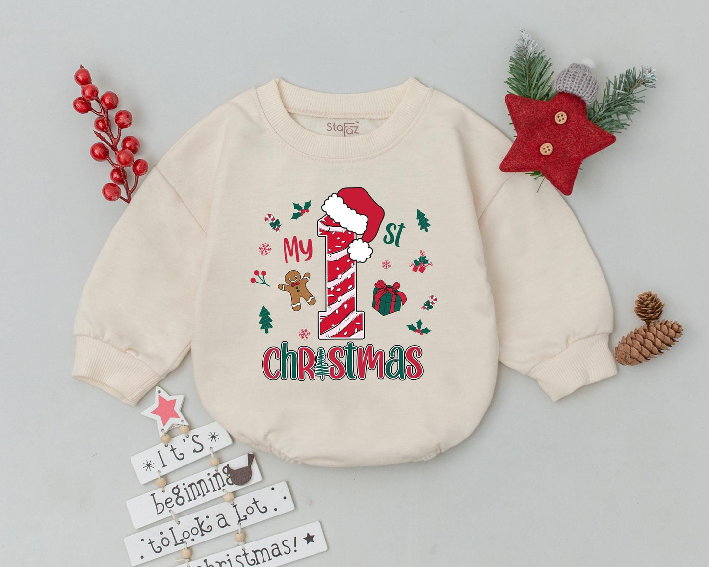 Retro Christmas Baby Romper, Personalized 1st Christmas Outfit