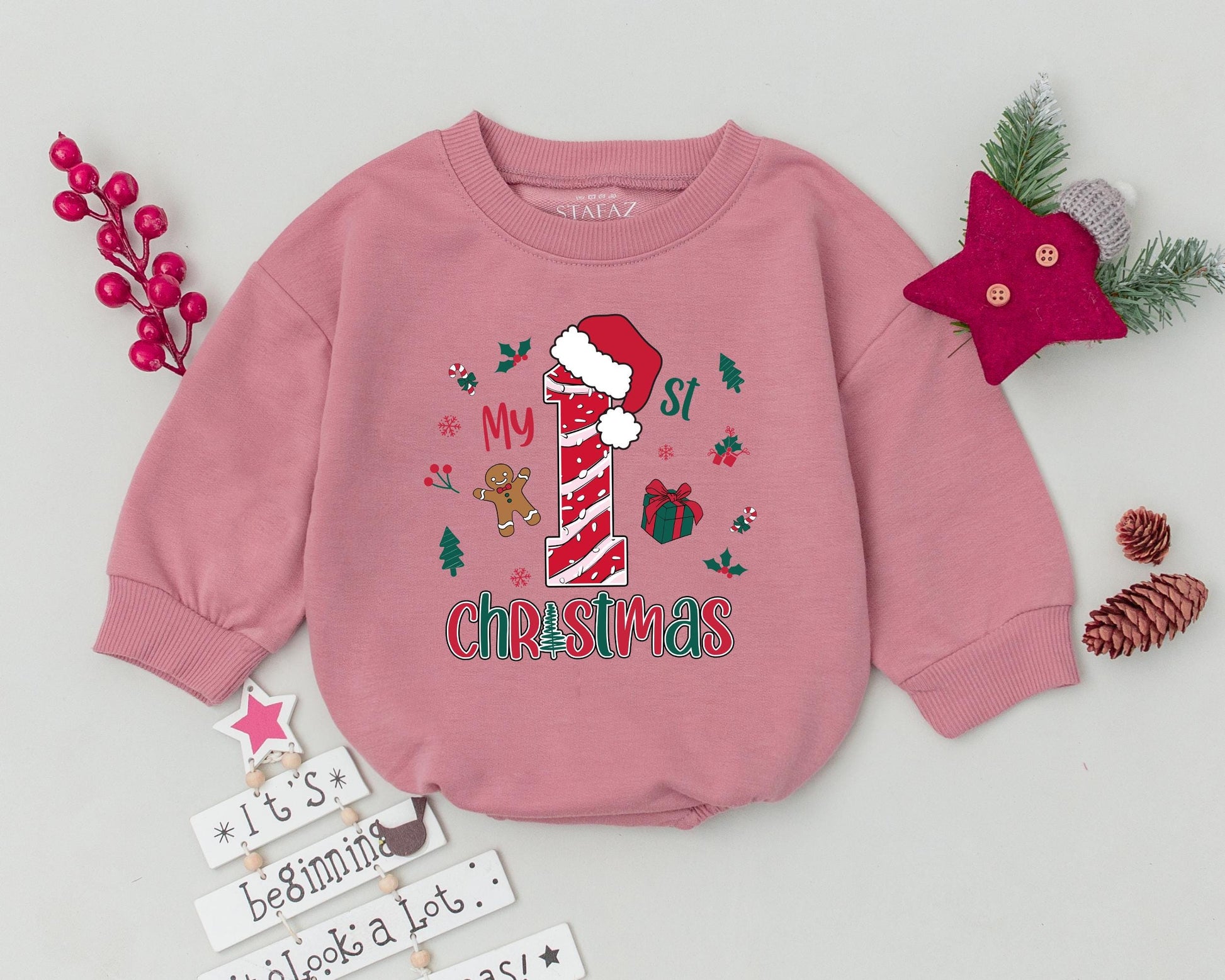 Retro Christmas Baby Romper, Personalized 1st Christmas Outfit