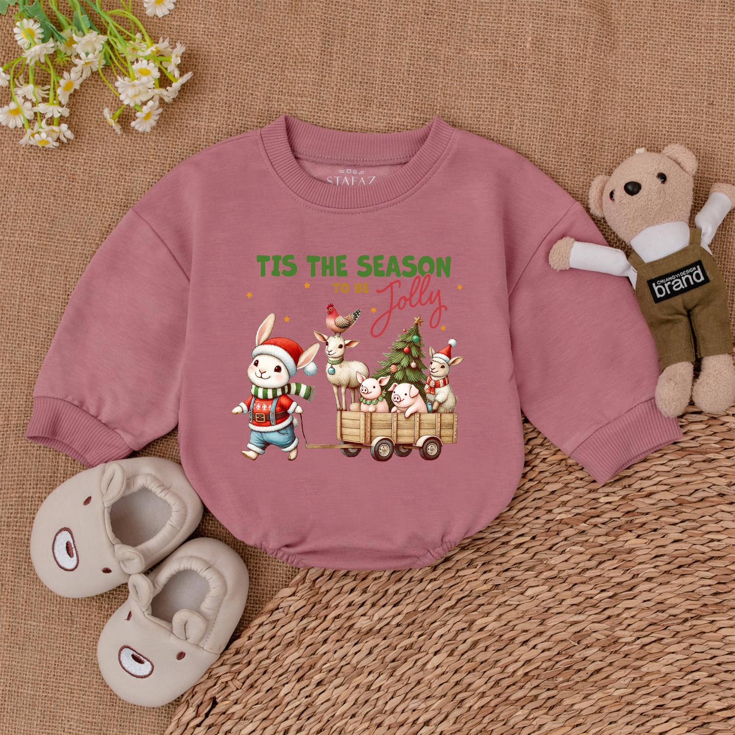 Tis The Season Christmas Bubble Romper, Retro Farm Animal Wagon Baby Bodysuit, My 1st Xmas Outfit, Vintage Holiday Newborn Shower Gift Set, Jolly Rabbit 
