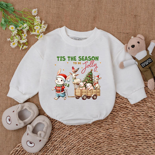 Tis The Season Christmas Bubble Romper, Retro Farm Animal Wagon Baby Bodysuit, My 1st Xmas Outfit, Vintage Holiday Newborn Shower Gift Set, Jolly Rabbit 