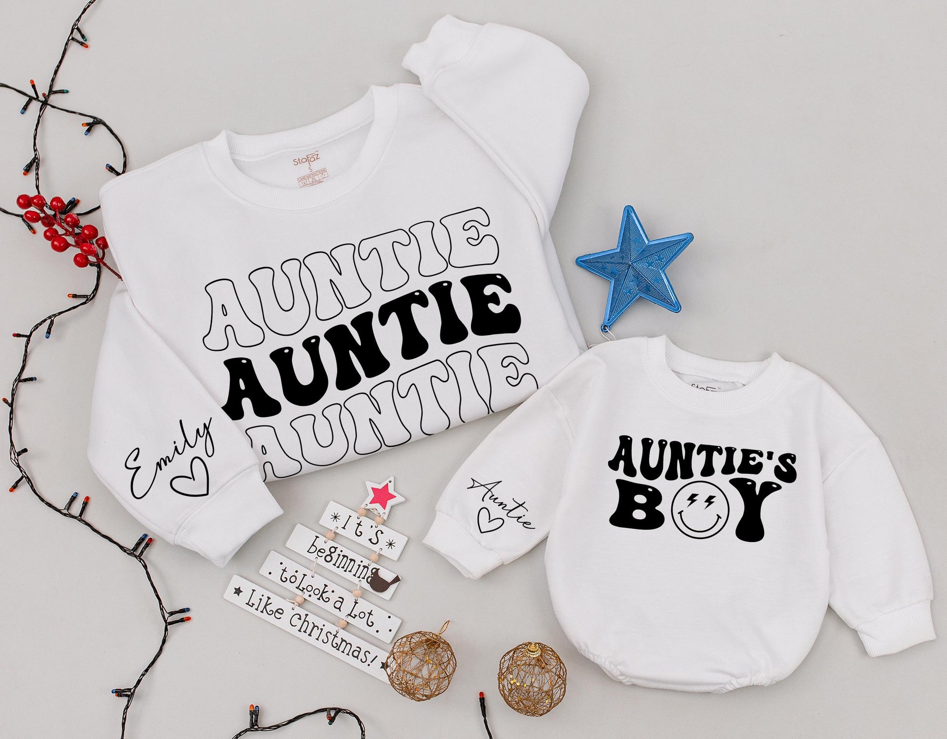 Matching Auntie & Auntie's Boy Sweatshirts, Custom Emily Heart Sleeve Xmas Gift, Black Retro Font, Cute Niece Nephew Holiday Outfit