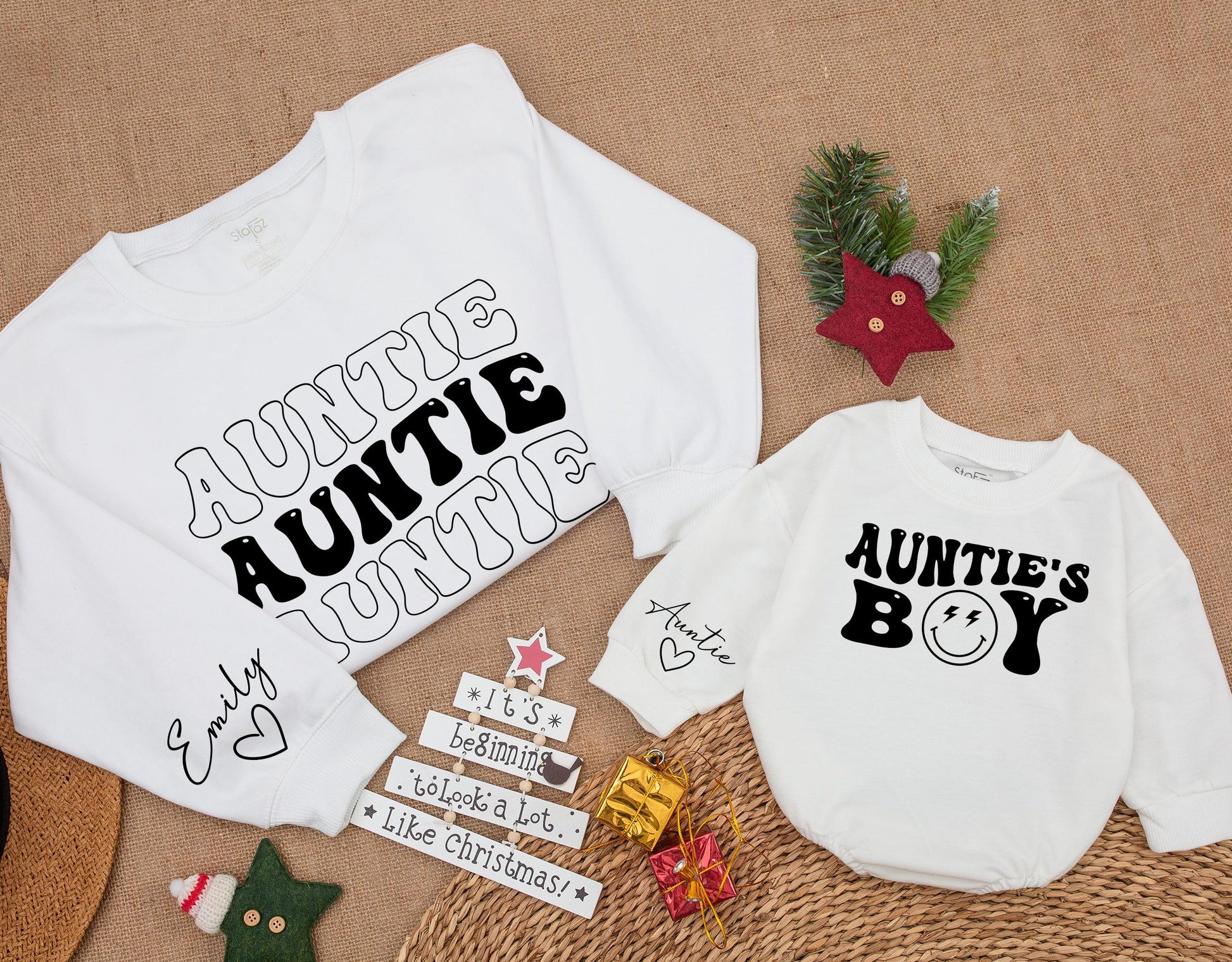 Matching Auntie & Auntie's Boy Sweatshirts, Custom Emily Heart Sleeve Xmas Gift, Black Retro Font, Cute Niece Nephew Holiday Outfit