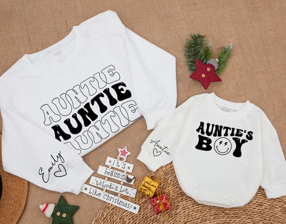 Matching Auntie & Auntie's Boy Sweatshirts, Custom Emily Heart Sleeve Xmas Gift, Black Retro Font, Cute Niece Nephew Holiday Outfit