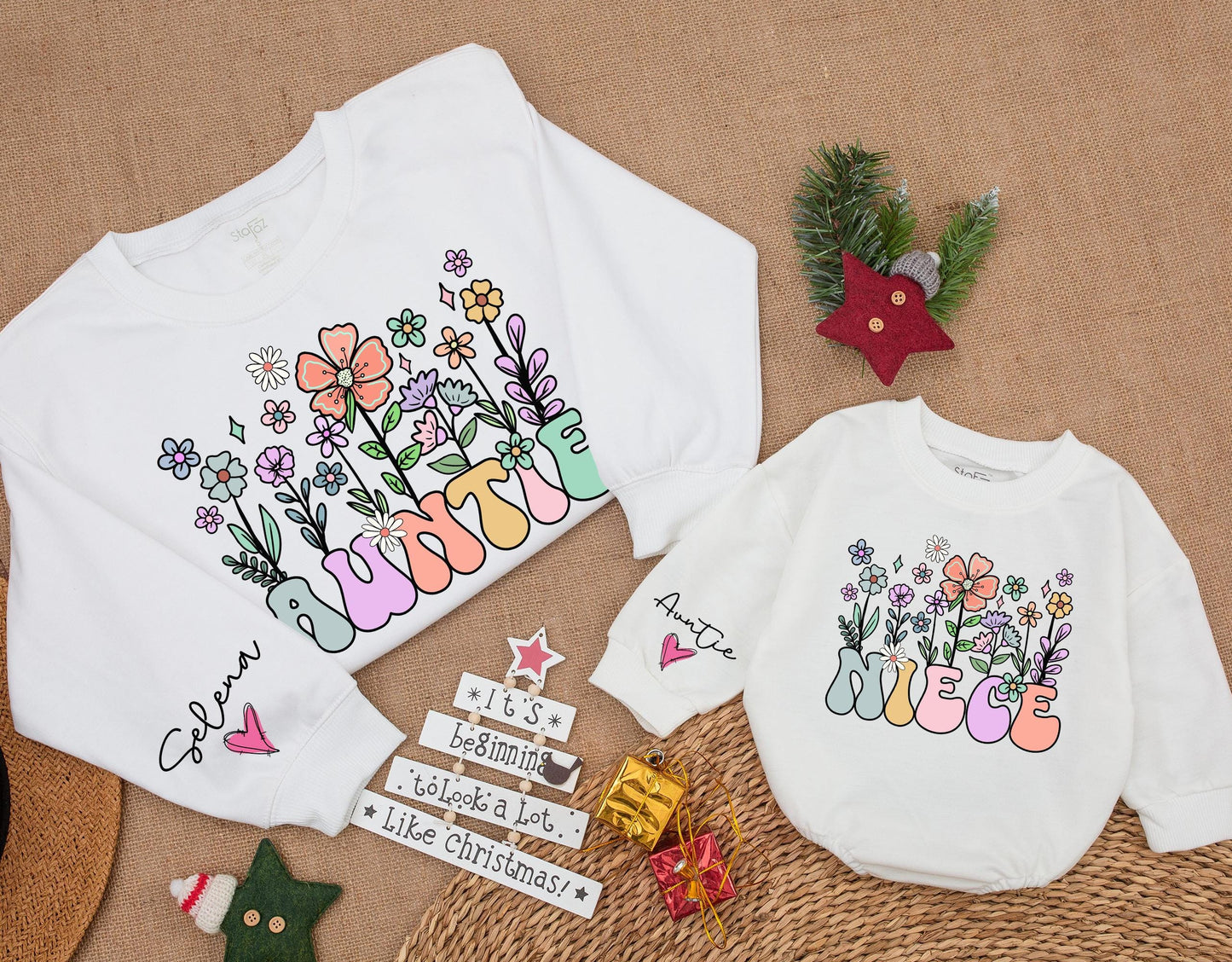 Auntie and Niece Retro Floral Sweatshirt Set - Custom Christmas Gift