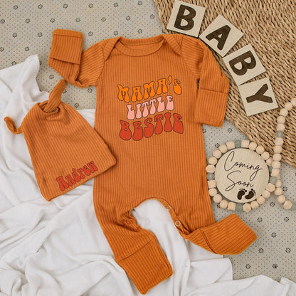 Mama's Little Bestie Retro Baby Bodysuit & Hat Set Orange Pink Red Vintage Vibes Newborn Outfit Baby Shower Gift