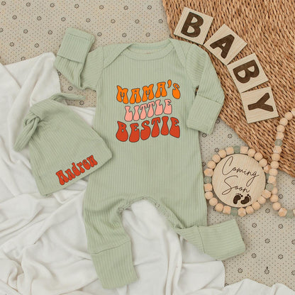 Mama's Little Bestie Retro Baby Bodysuit & Hat Set Orange Pink Red Vintage Vibes Newborn Outfit Baby Shower Gift