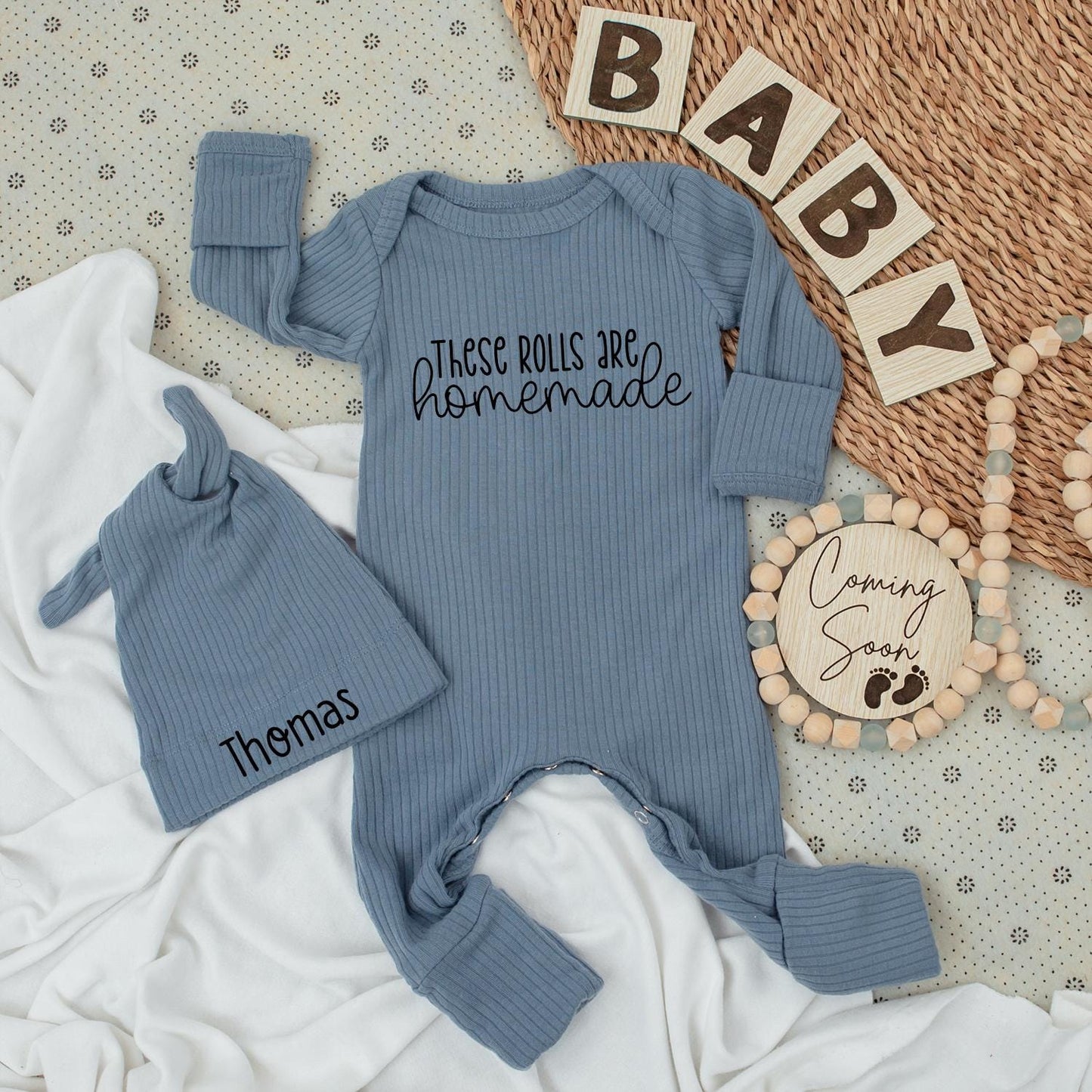 Homemade Rolls Baby Bodysuit & Hat Set - Cute Newborn Outfit, Thomas Name Hat, Minimalist Baby Gift, Thanksgiving Bodysuit, Coming Home Outfit 137 chars
