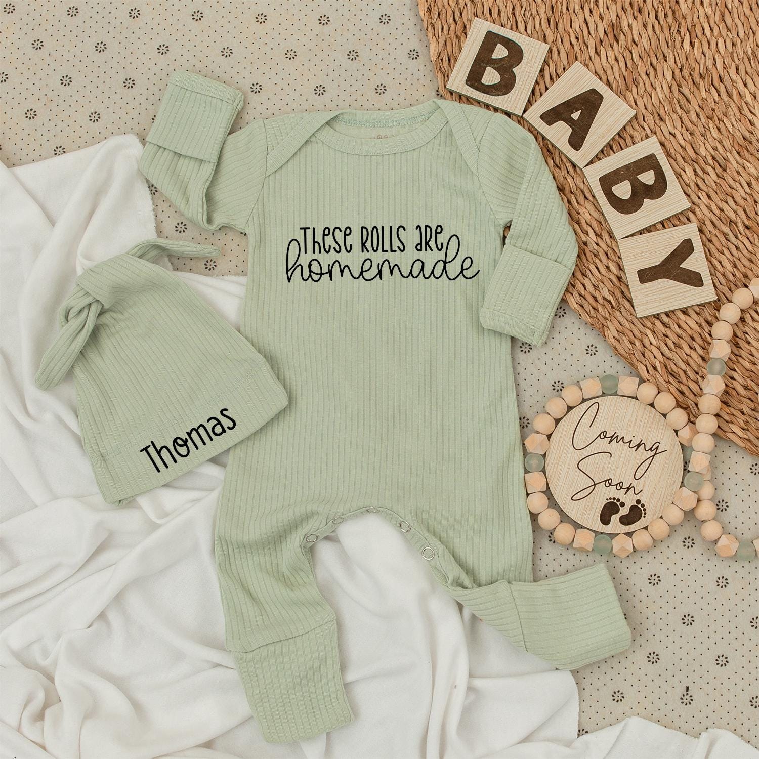 Homemade Rolls Baby Bodysuit & Hat Set - Cute Newborn Outfit, Thomas Name Hat, Minimalist Baby Gift, Thanksgiving Bodysuit, Coming Home Outfit 137 chars