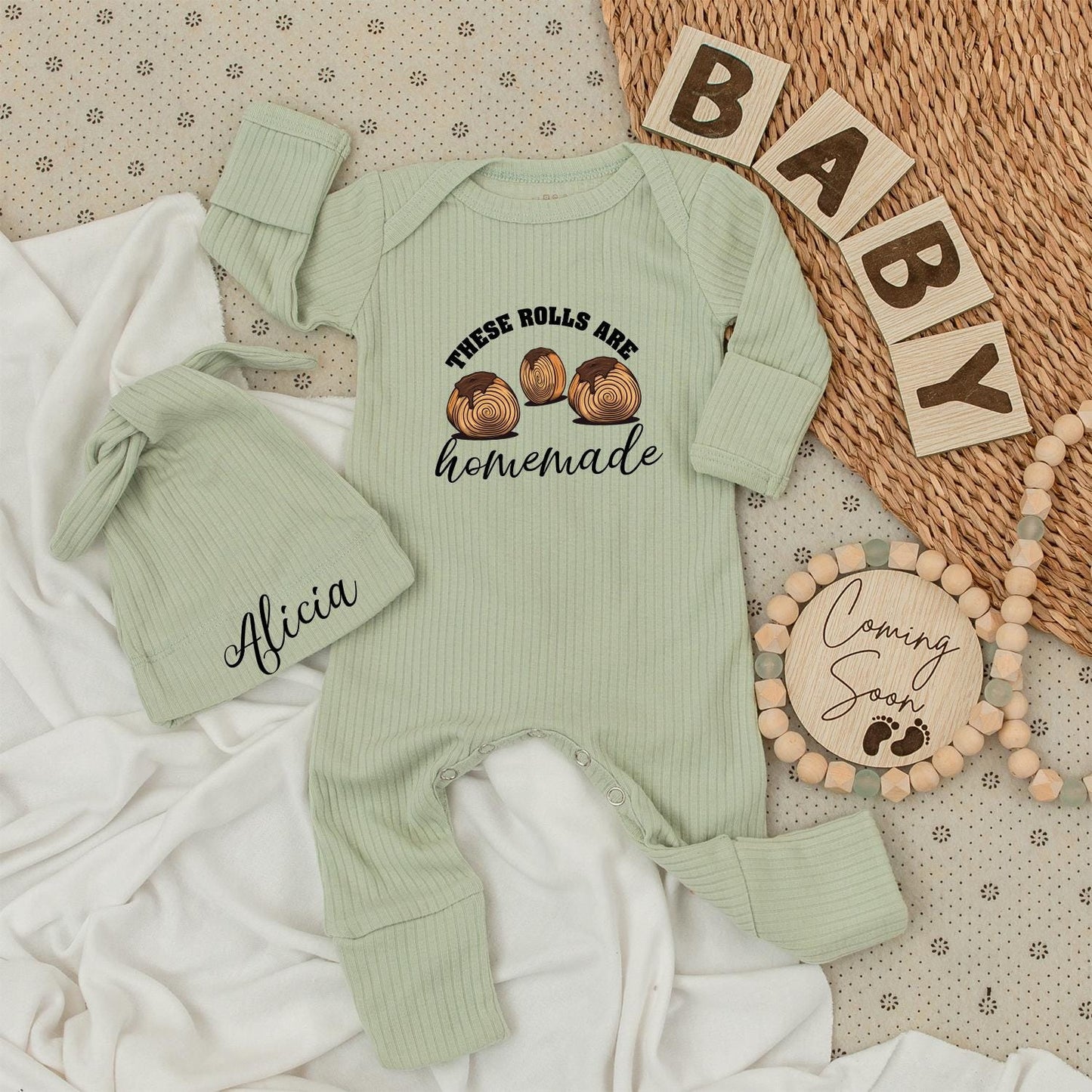 These Rolls Are Homemade Baby Bodysuit and Hat Set Cute Minimalist Graphic Chocolate Rolls Bakery Baby Gift Coming Home Outfit