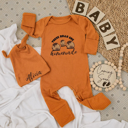 These Rolls Are Homemade Baby Bodysuit and Hat Set Cute Minimalist Graphic Chocolate Rolls Bakery Baby Gift Coming Home Outfit
