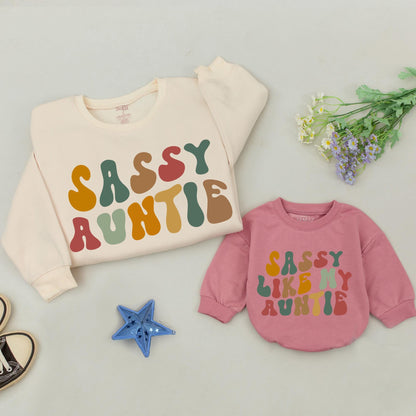 Retro Sassy Auntie Sweatshirt Earth Tones Vintage Wavy Letters Gift For Aunt Niece Nephew Matching Family Casual Outfit Comfort Soft Cotton