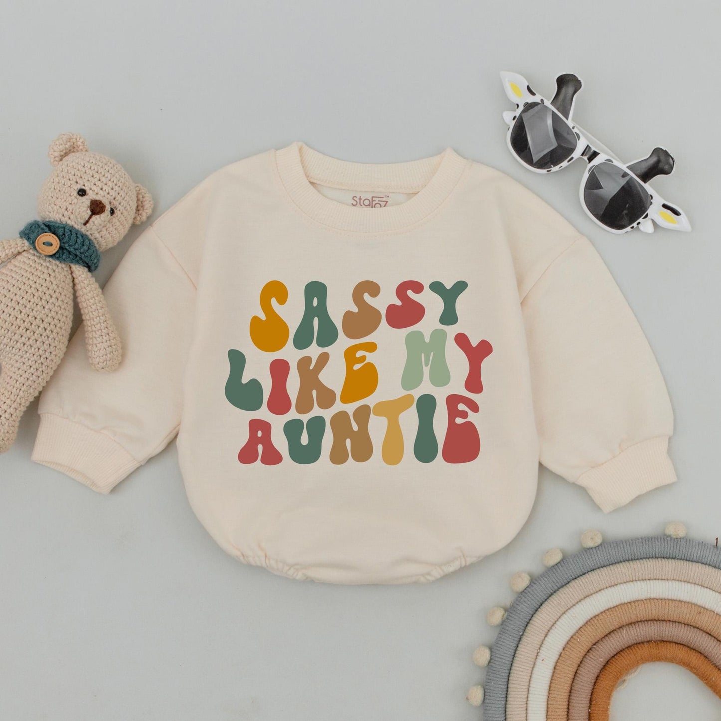 Retro Sassy Auntie Sweatshirt Earth Tones Vintage Wavy Letters Gift For Aunt Niece Nephew Matching Family Casual Outfit Comfort Soft Cotton