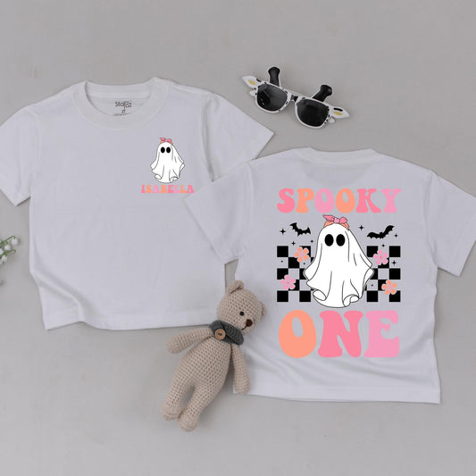 My First Boo Ghost T-Shirt Pink Bow Spooky One Outfit Baby Girl Halloween Outfit, Peach & Checkerboard Back Design, Cute Toddler Gift 138chars