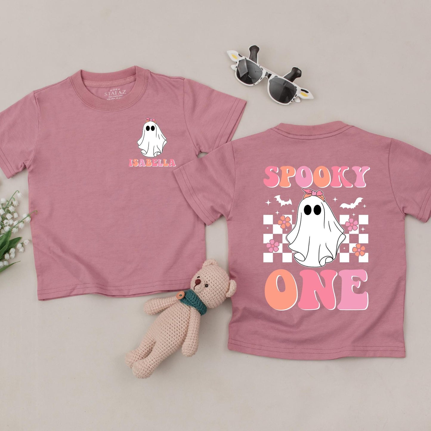 My First Boo Ghost T-Shirt Pink Bow Spooky One Outfit Baby Girl Halloween Outfit, Peach & Checkerboard Back Design, Cute Toddler Gift 138chars