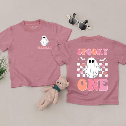 My First Boo Ghost T-Shirt Pink Bow Spooky One Outfit Baby Girl Halloween Outfit, Peach & Checkerboard Back Design, Cute Toddler Gift 138chars