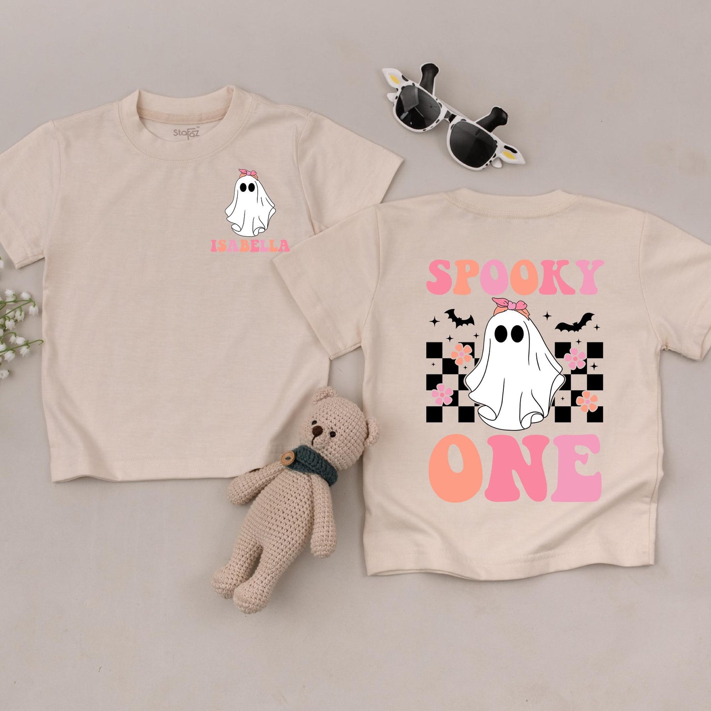 My First Boo Ghost T-Shirt Pink Bow Spooky One Outfit Baby Girl Halloween Outfit, Peach & Checkerboard Back Design, Cute Toddler Gift 138chars