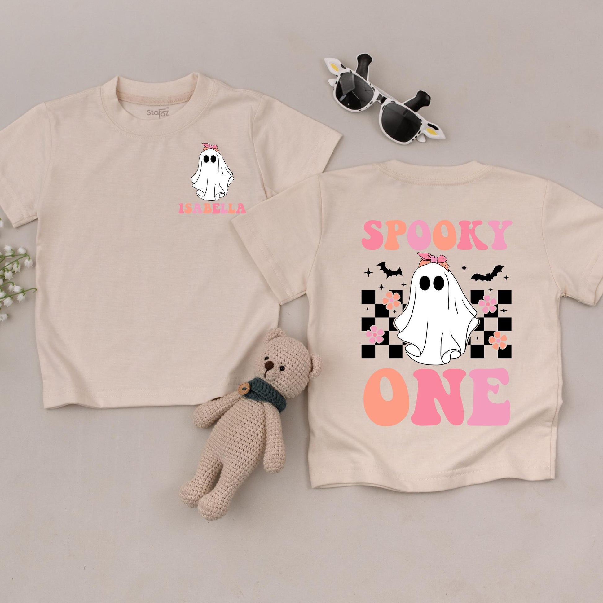 My First Boo Ghost T-Shirt Pink Bow Spooky One Outfit Baby Girl Halloween Outfit, Peach & Checkerboard Back Design, Cute Toddler Gift 138chars