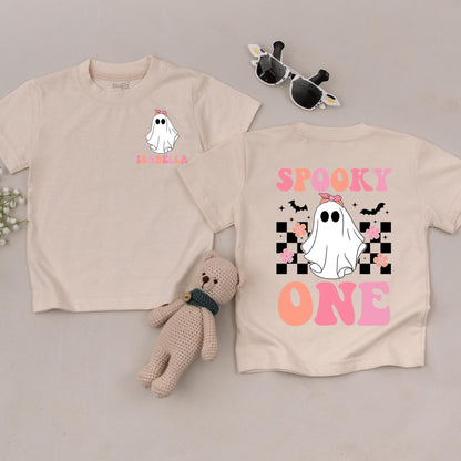 My First Boo Ghost T-Shirt Pink Bow Spooky One Outfit Baby Girl Halloween Outfit, Peach & Checkerboard Back Design, Cute Toddler Gift 138chars