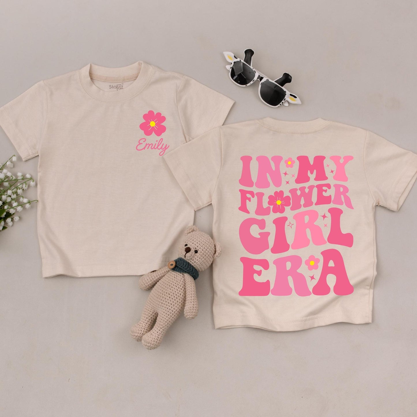 Personalized Flower Girl Era T-Shirt Pink Yellow Flower Custom Name Toddler Baby Wedding Party Gift