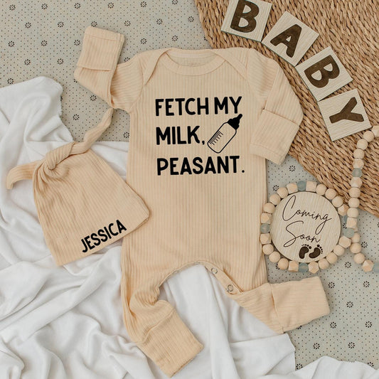 Fetch My Milk Peasant Baby Bodysuit & Hat Set Cute Baby Clothes Going Home Outfit Vintage Baby Clothes Baby Shower Gifts Romper Kids