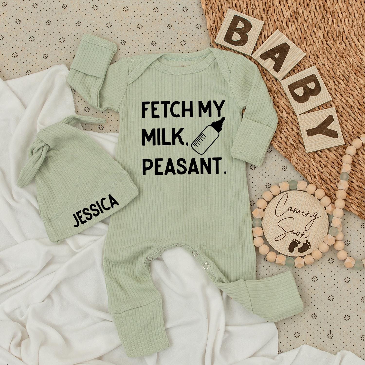 Fetch My Milk Peasant Baby Bodysuit & Hat Set Cute Baby Clothes Going Home Outfit Vintage Baby Clothes Baby Shower Gifts Romper Kids