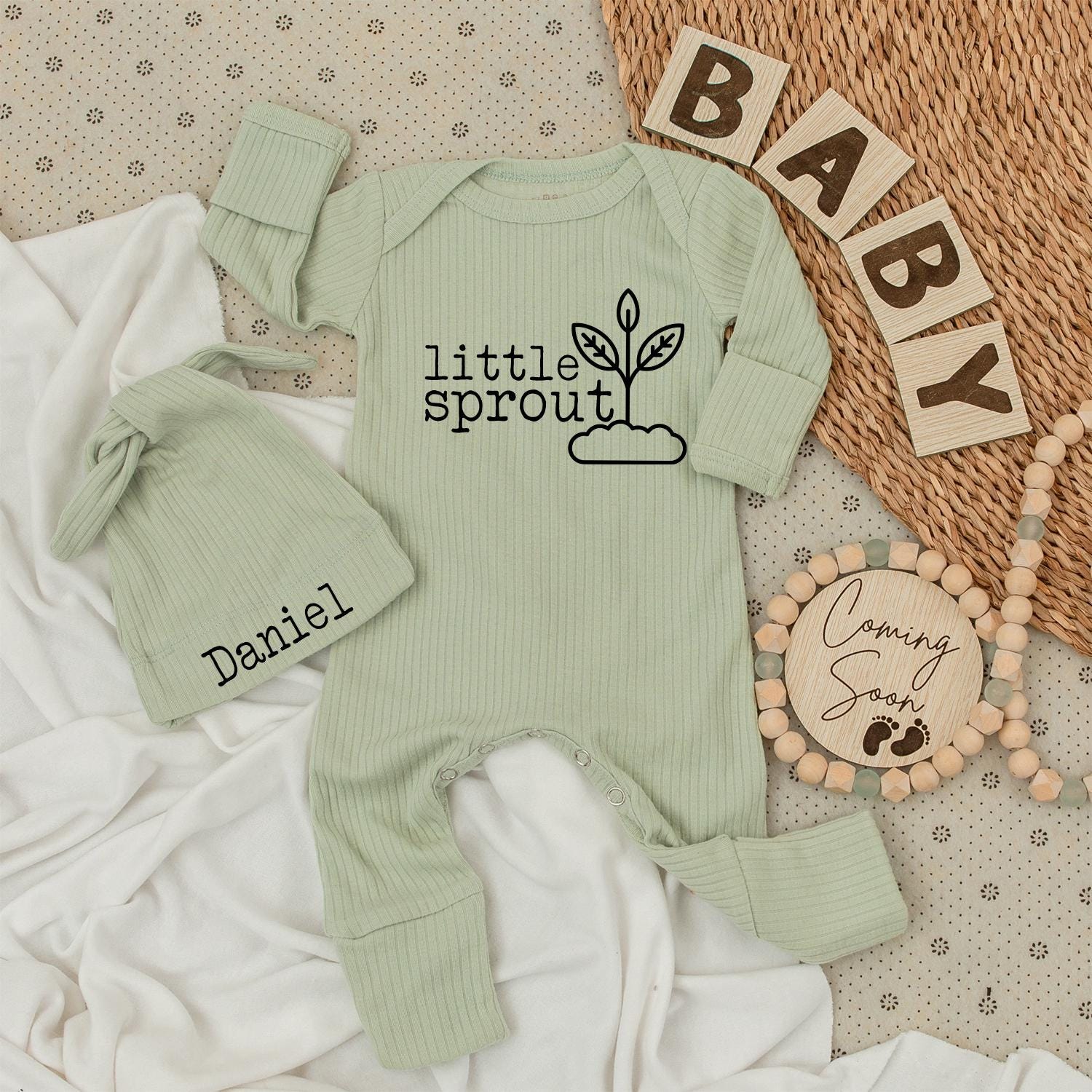 Little Sprout Baby Bodysuit & Hat Set Minimalist Plant Cloud Design Unisex Newborn Gift Going Home Outfit