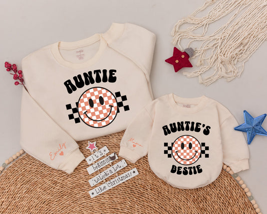Matching Auntie Bestie Sweatshirts: Personalized Aunt & Me Outfits, Custom Emily & Mama Sleeves, Fun Checkered Smiley, Family Gifts for Baby Shower (139 chars)