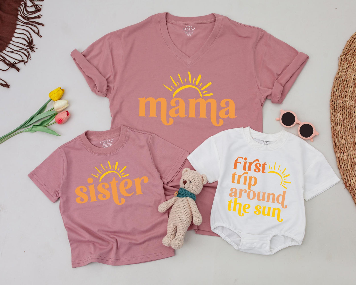 First Trip Around The Sun Birthday Outfit for Baby Boy Girl, Boho Sunshine Mommy and Me Shirts for First Birthday Party Celebration