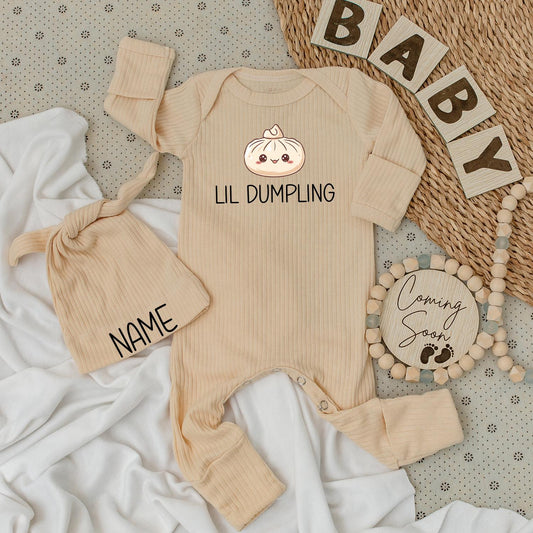 Personalized Lil Dumpling Kawaii Newborn Baby Bodysuit and Hat Set Long Sleeve Coming Home Outfit Adorable Infant Shower Gift Jumpsuit