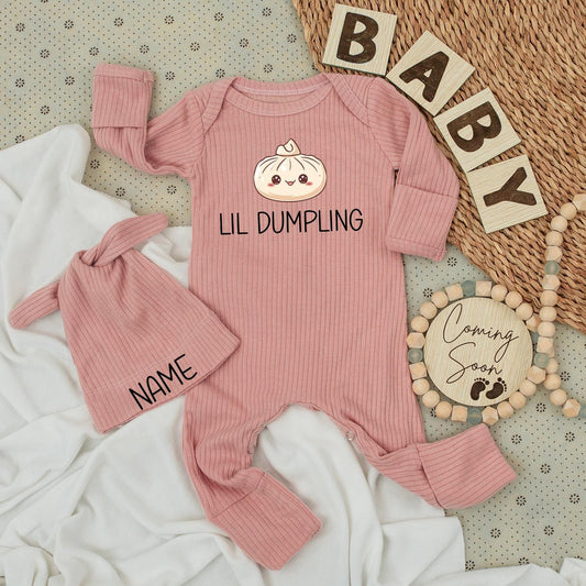 Personalized Lil Dumpling Kawaii Newborn Baby Bodysuit and Hat Set Long Sleeve Coming Home Outfit Adorable Infant Shower Gift Jumpsuit
