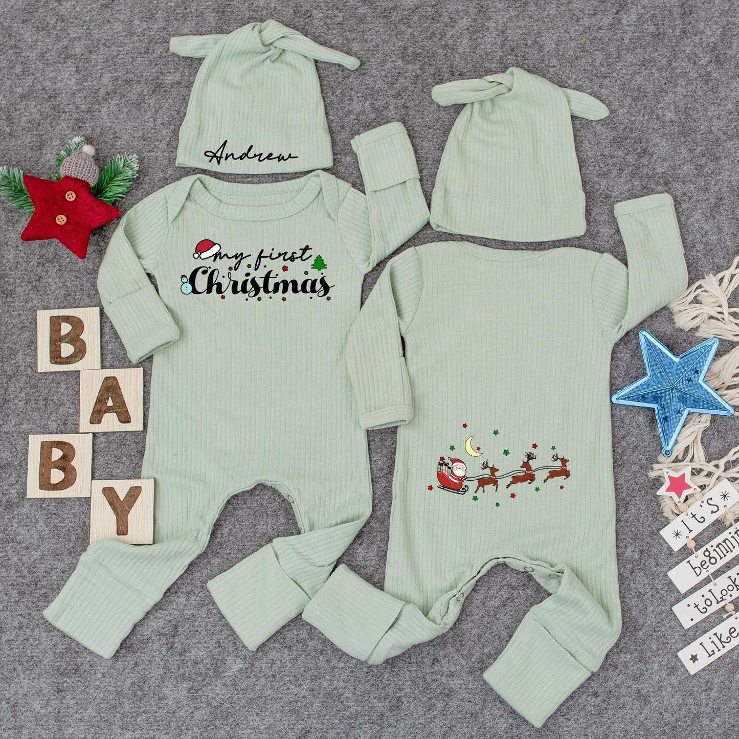 Personalized 1st Christmas Baby Bodysuit & Hat - Holiday Newborn Gift