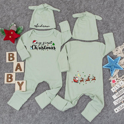 Custom My First Christmas Baby Bodysuit and Hat Set Newborn Jumpsuit with Adorable Santa Sleigh Reindeer Christmas Tree Graphics Holiday Baby Shower Gift