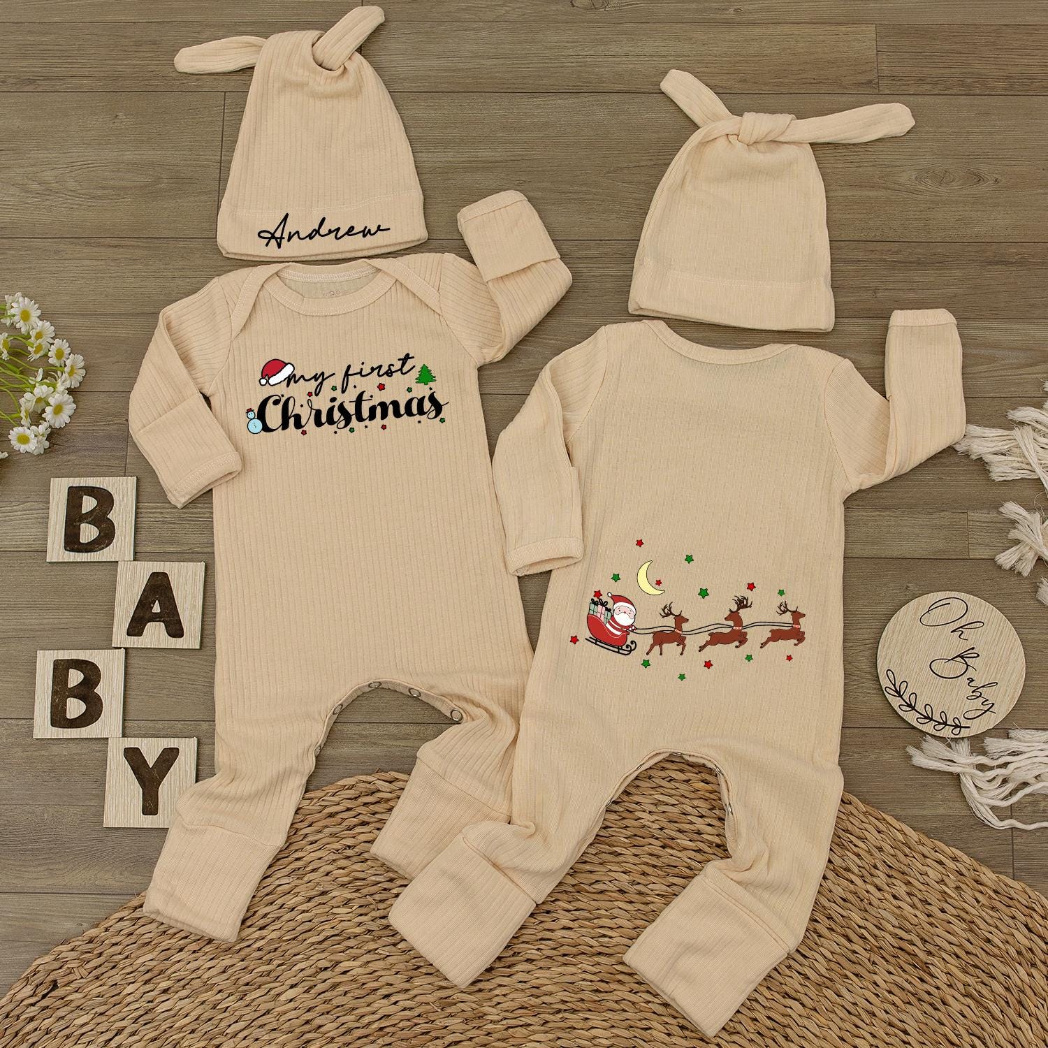 Personalized 1st Christmas Baby Bodysuit & Hat - Holiday Newborn Gift