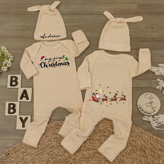 Personalized 1st Christmas Baby Bodysuit & Hat - Holiday Newborn Gift