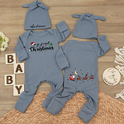 Personalized 1st Christmas Baby Bodysuit & Hat - Holiday Newborn Gift