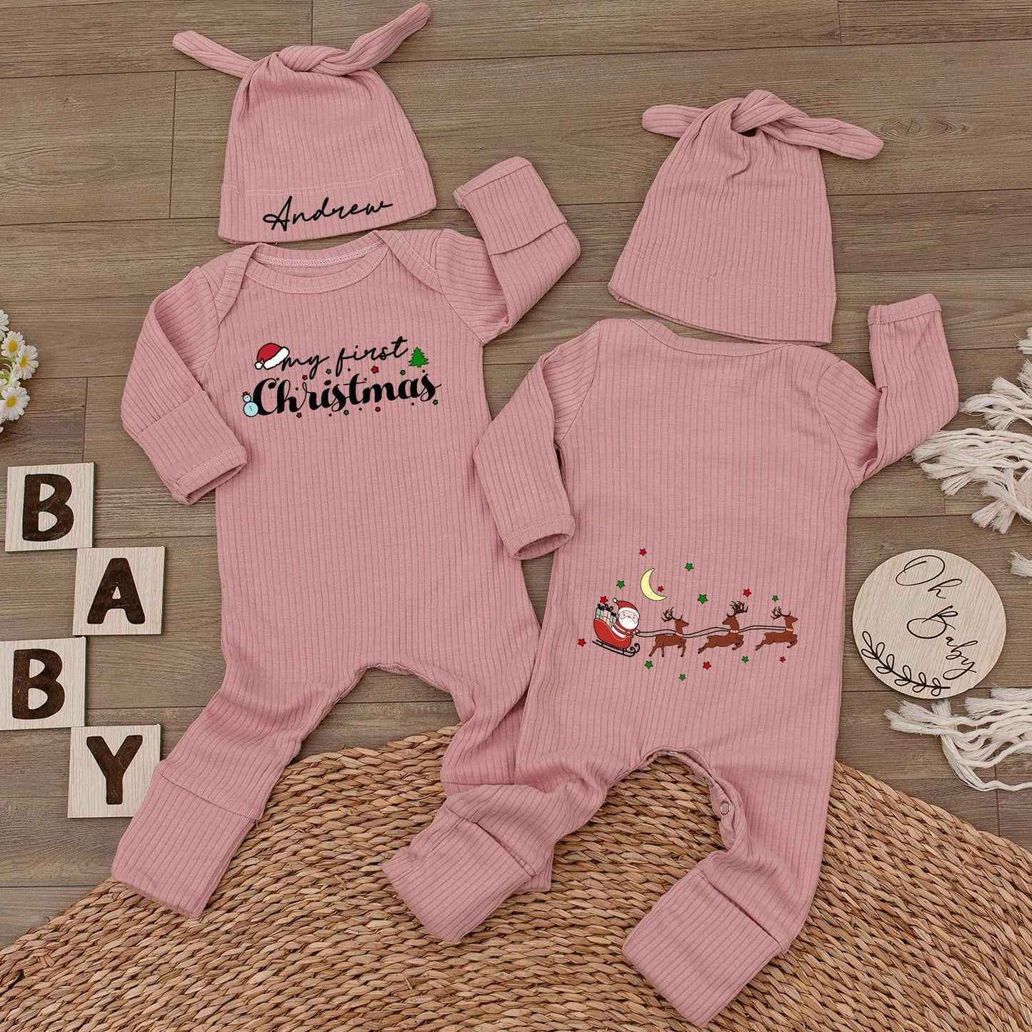 Personalized 1st Christmas Baby Bodysuit & Hat - Holiday Newborn Gift