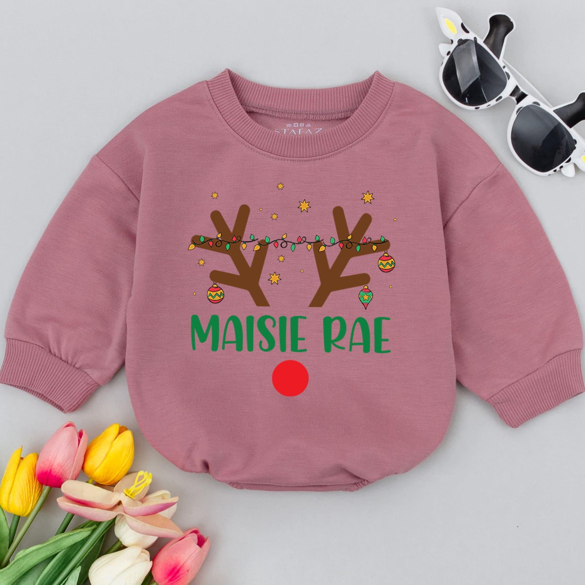 Holiday Reindeer Bubble Romper - 1st Xmas Personalized Baby Outfit