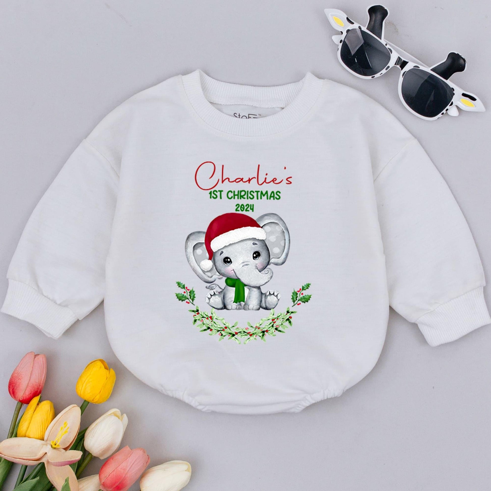 Elephant Christmas Bubble Romper: Personalized Baby Holiday Outfit